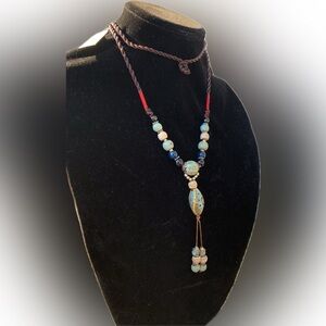Tahari Elegant Beaded long y-drop Necklace with Blue and Brown Accents 36”
